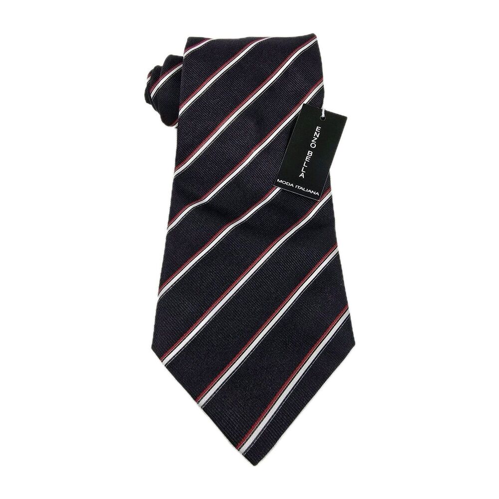 Enzo Bella Silk Necktie Stripe Repp Tie Black Red White Made In Italy New